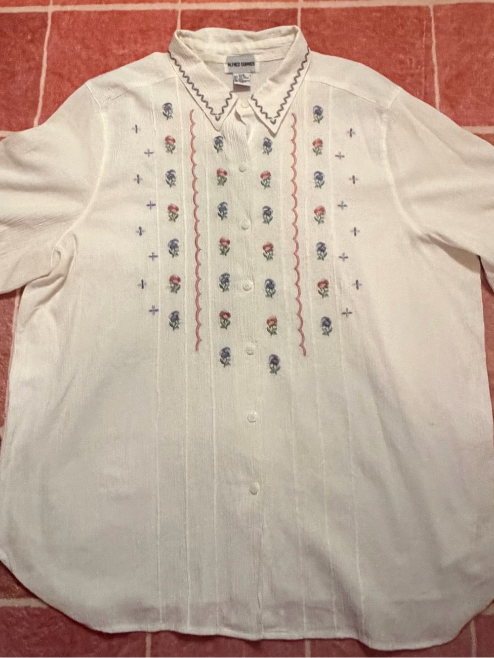 Alfred Dunner Cream Button-Up Blouse with Multicolor Floral Embroidery